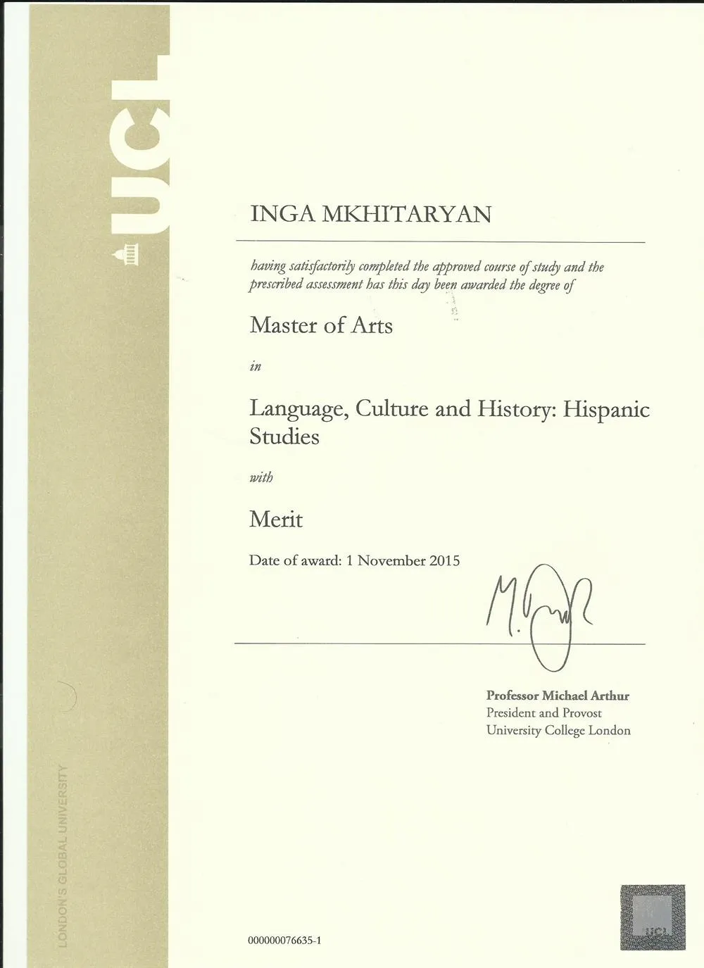 Диплом: Master's Degree from University College London