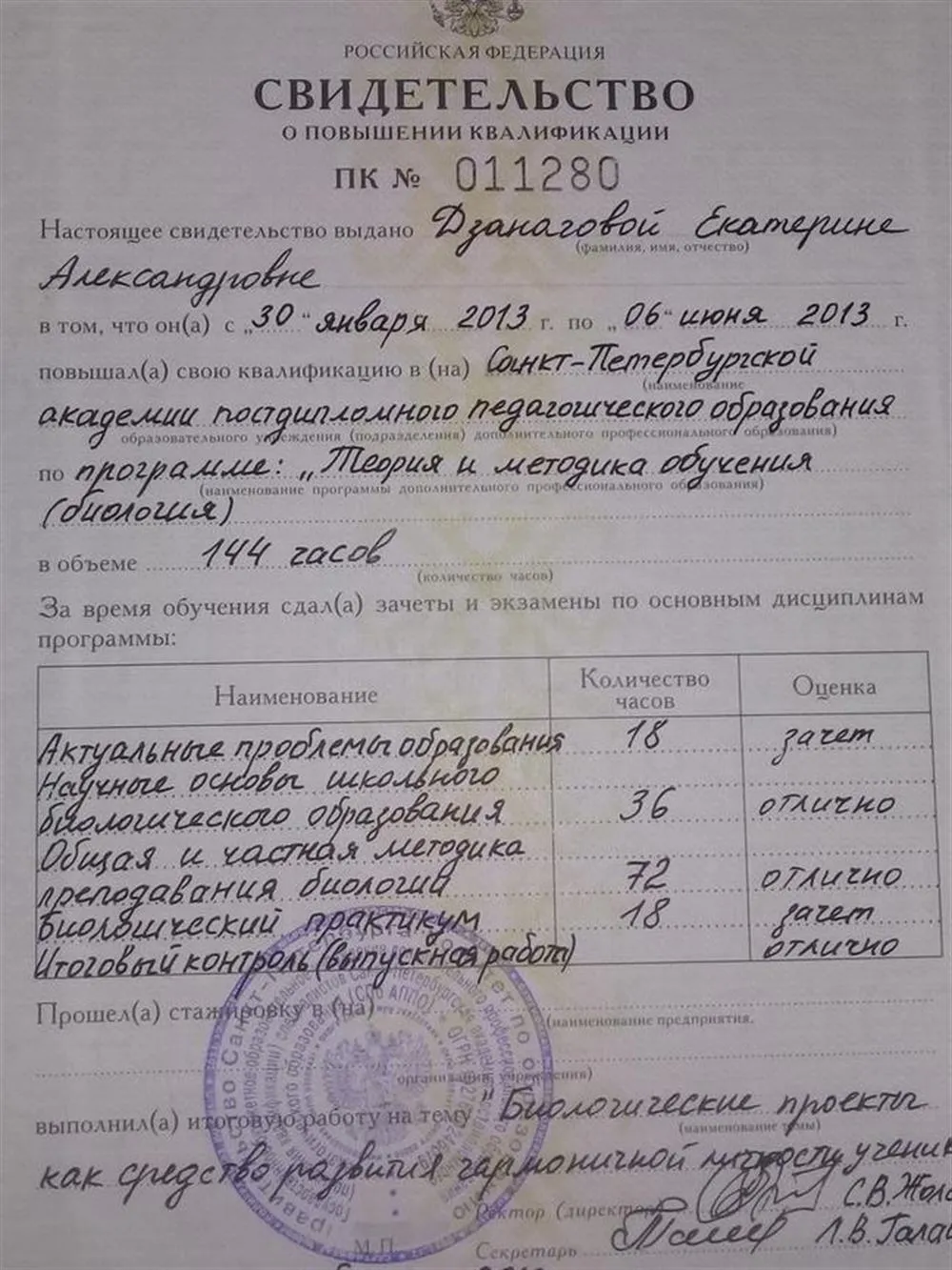 Свидетельство курсов повышения квалификации