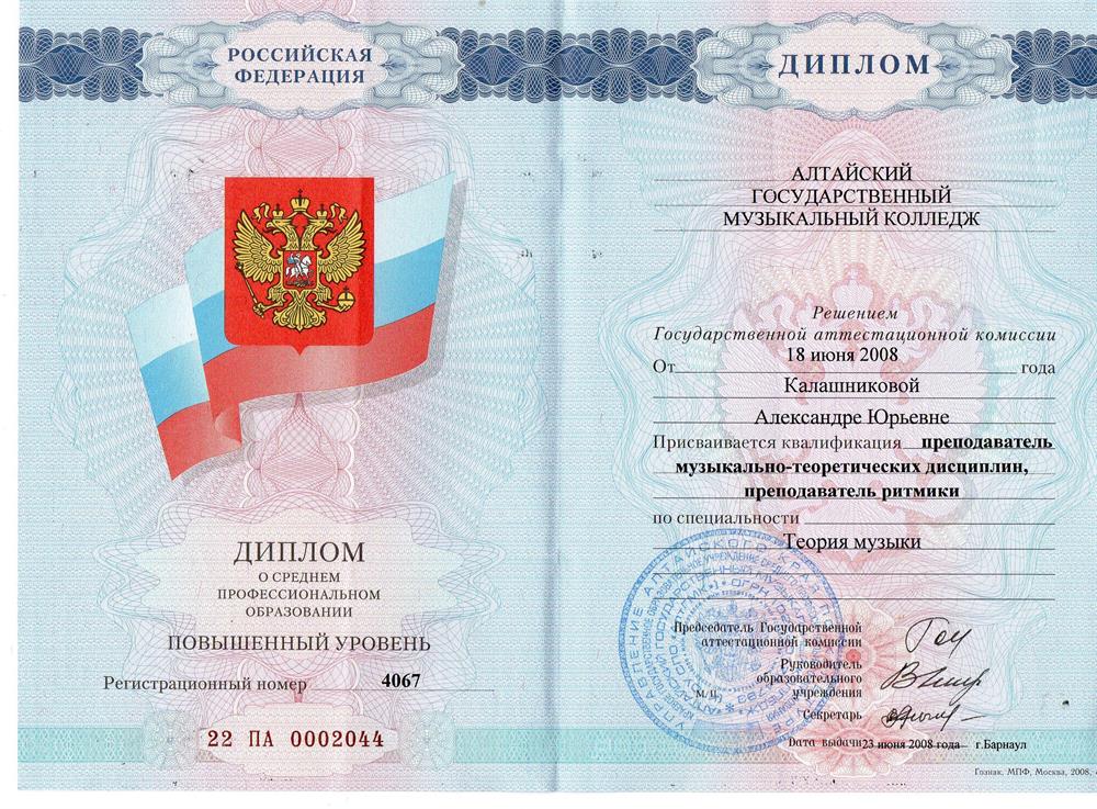 Диплом об окончании Музыкального колледжа