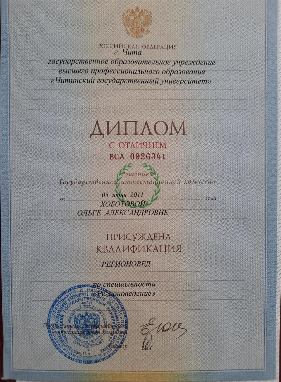 Диплом о профильном образовании