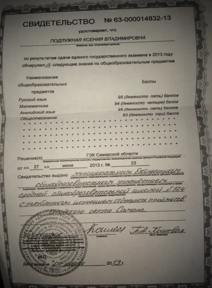 Свидетельство ЕГЭ
