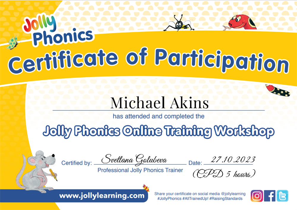 Сертификат. Phonics training for working with kids from age 2+