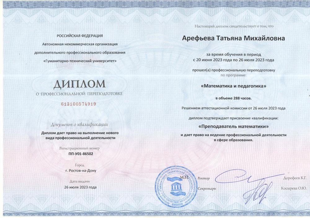 Диплом. Переквалификация на преподавателя математики