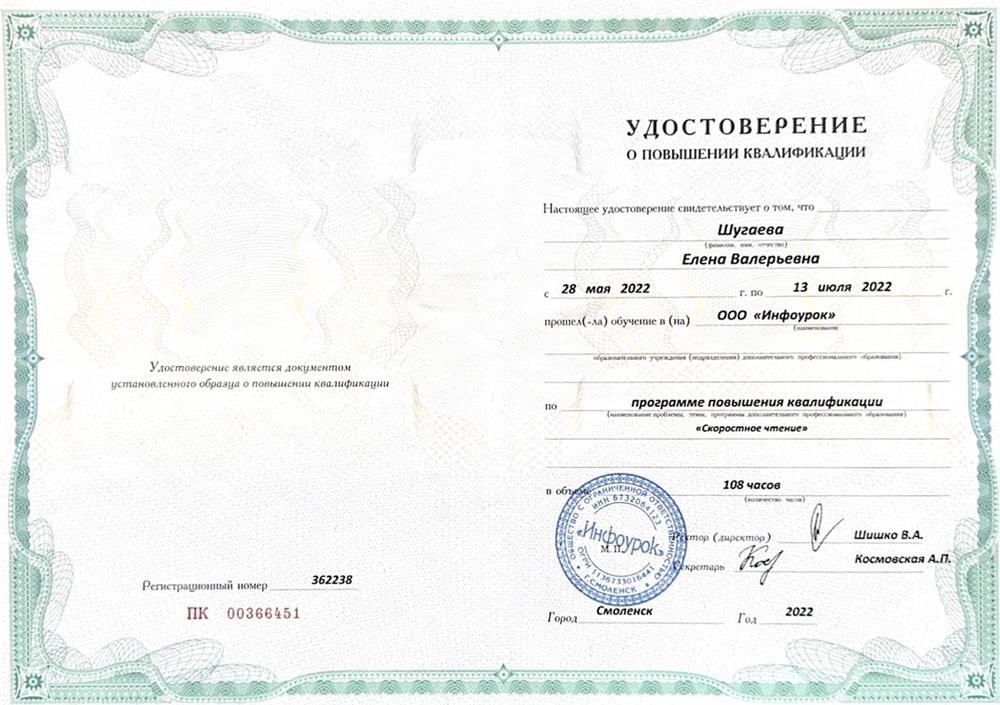 Удостоверение о повышении квалификации 