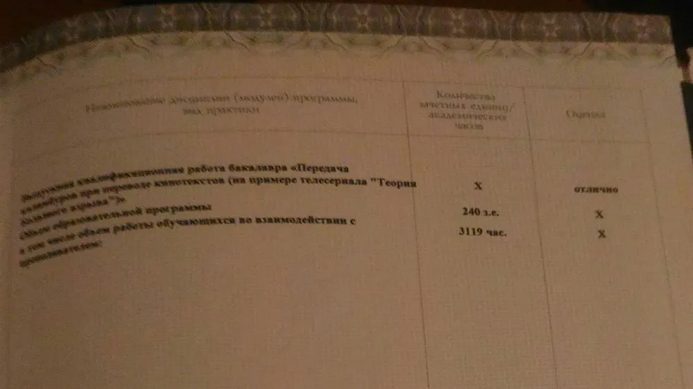 Приложение к диплому бакалавра лингвистики (сведения об успеваемости)