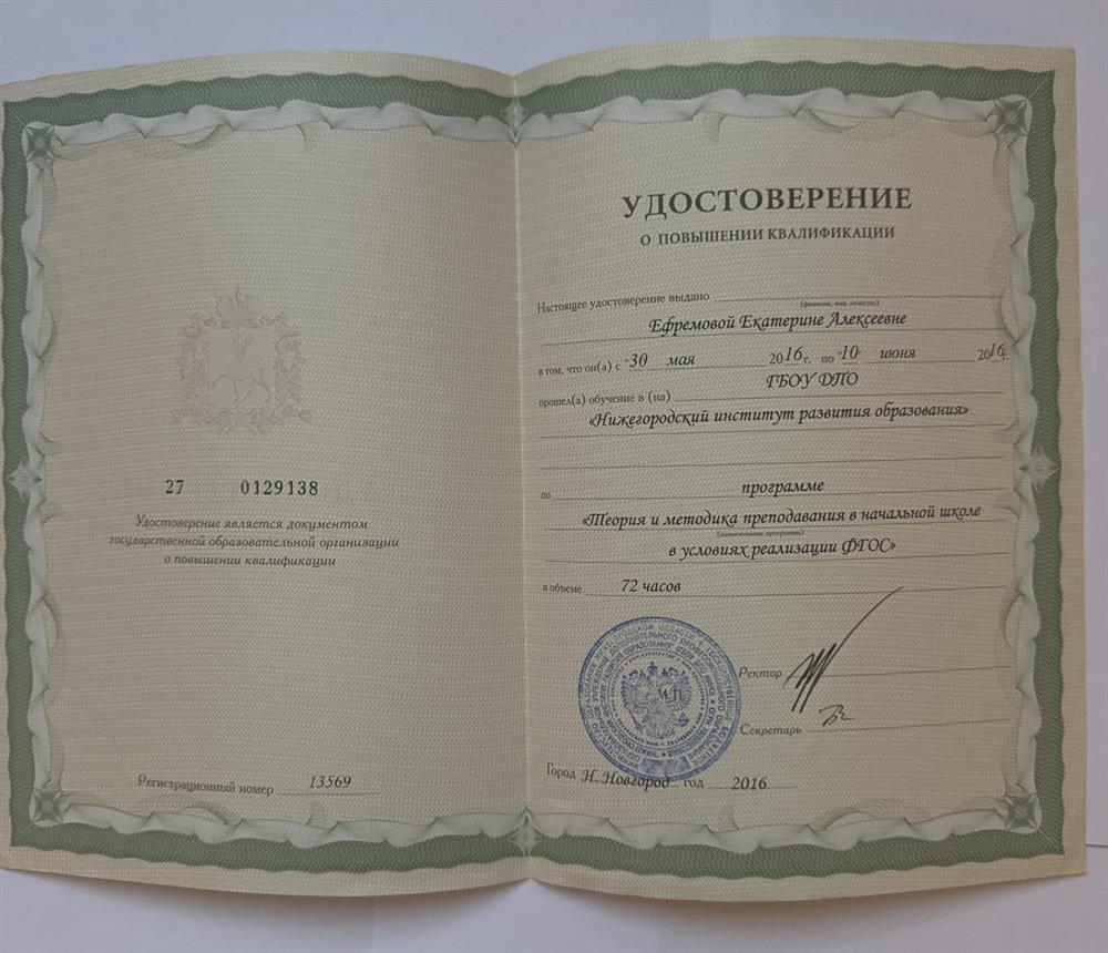 Нижегородский институт развития образования «Теория и методика преподавания в начальной школе в условиях реализации ФГОС»