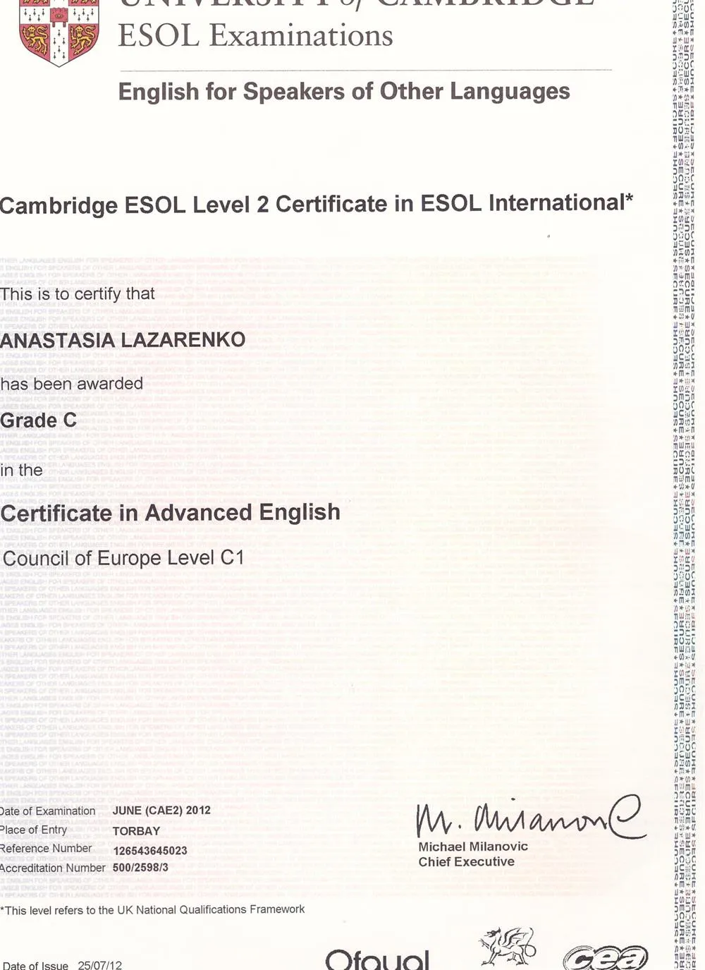 Certificate in Advanced English