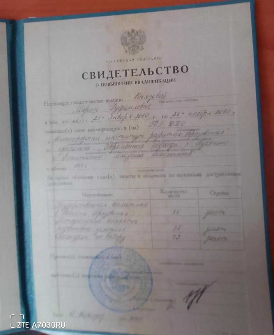 Свидетельство о повышении квалификации