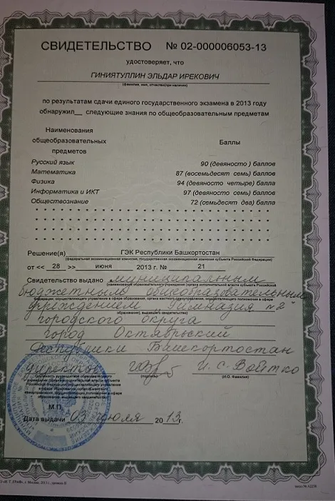 Свидетельство ЕГЭ