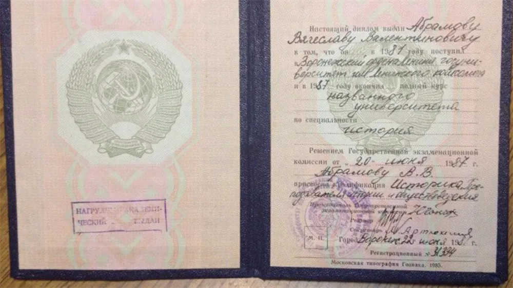 Диплом об окончании Исторического факультета ВГУ.