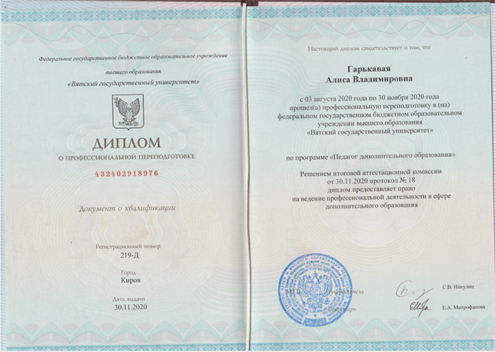 Диплом по программе "дополнительного образования"