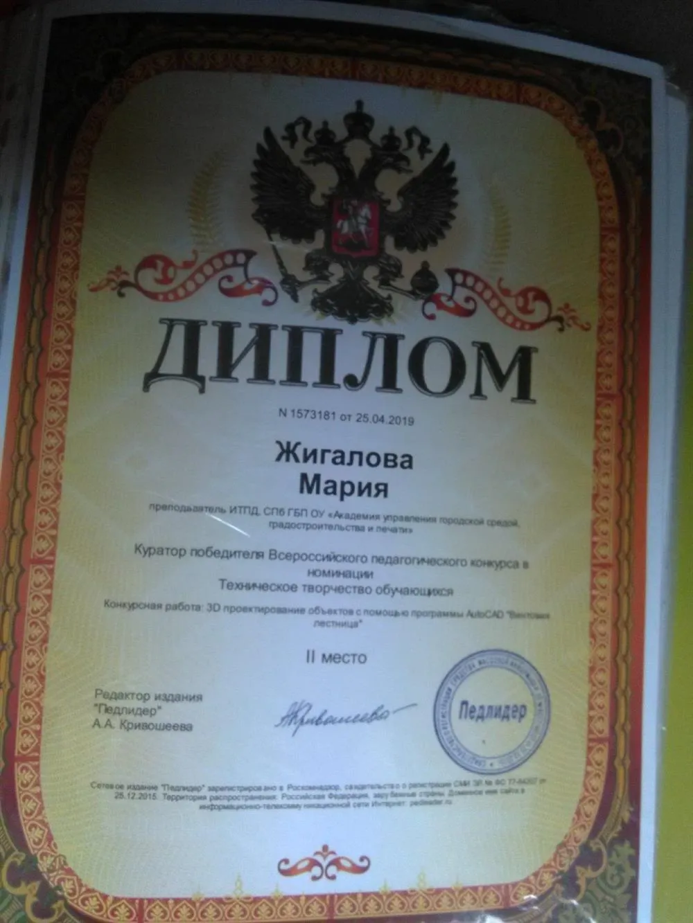 Диплом куратора участника конкурса