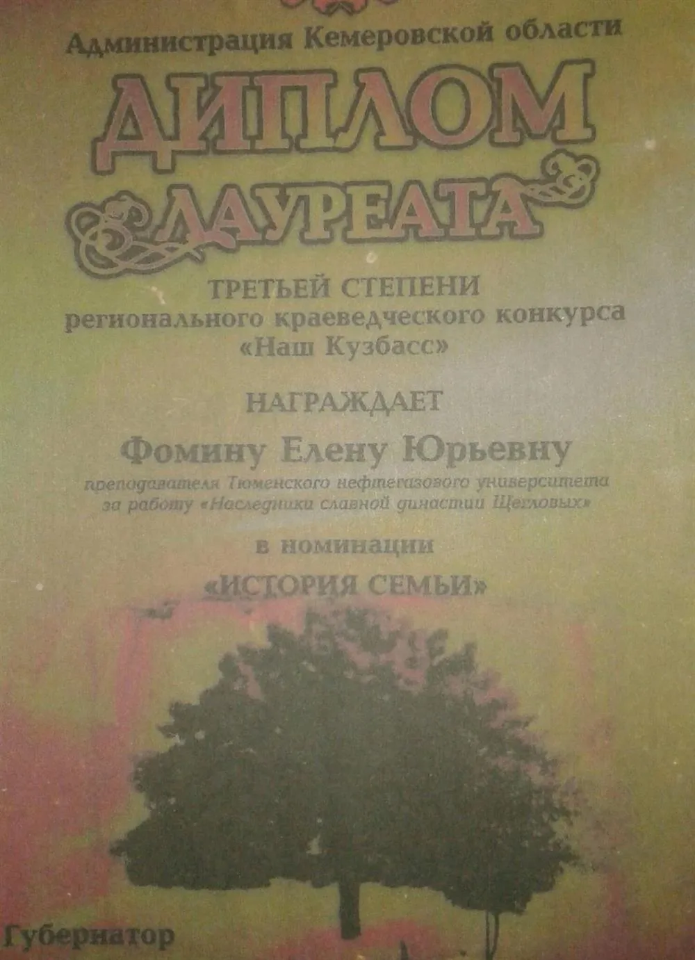 Диплом лауреата от Губернатора