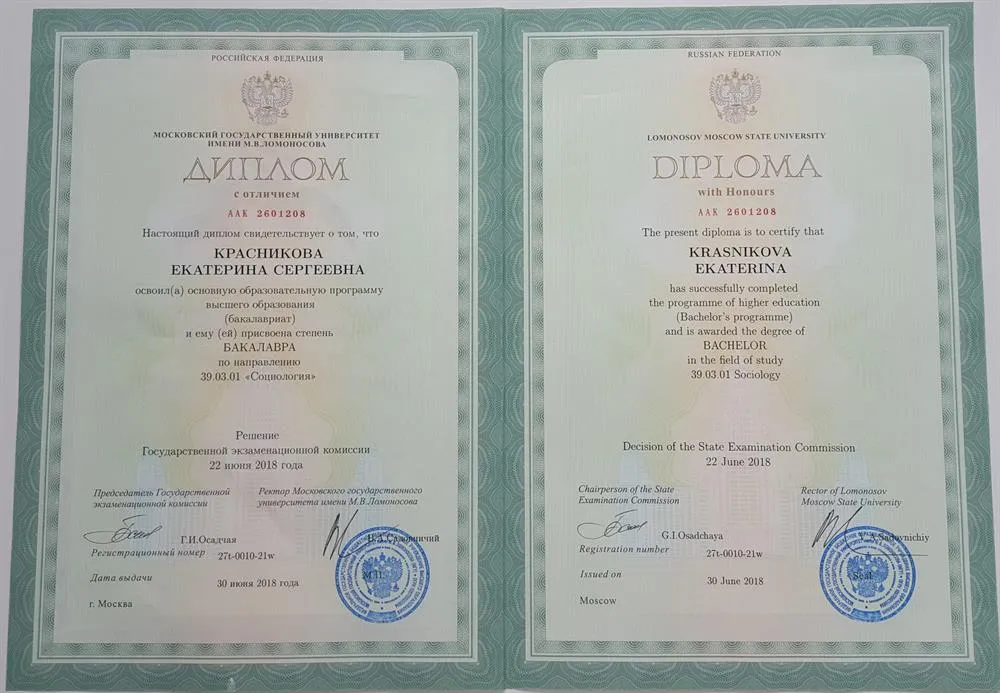 Красный диплом МГУ, специальность "Социолог", степень бакалавра