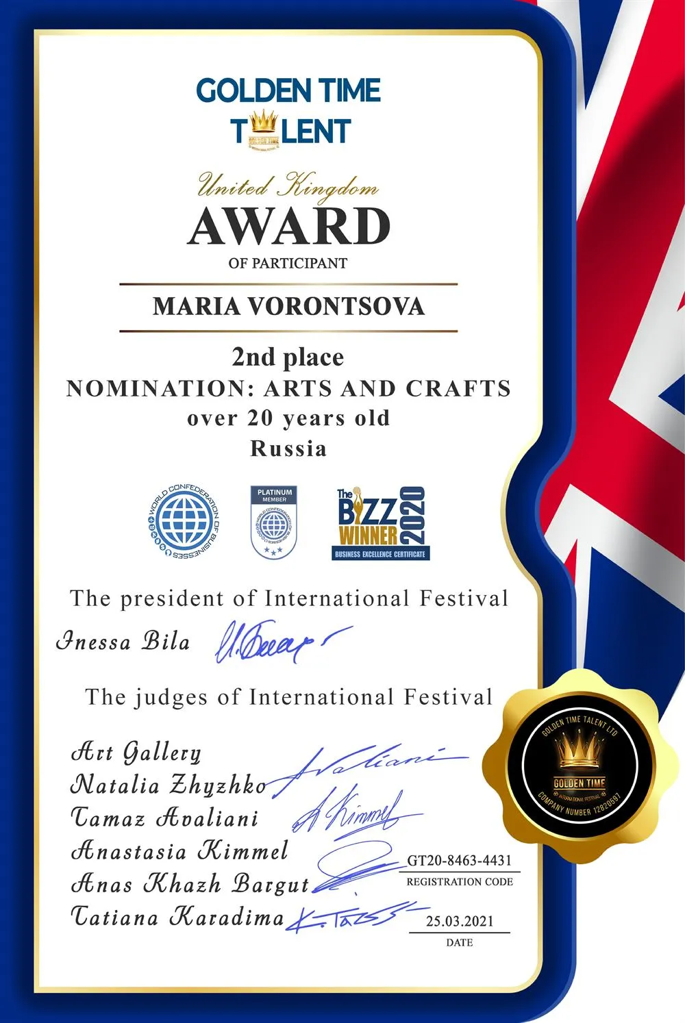 Диплом II место, номинация "Art and crafts",Международный конкурс детского, юношеского и взрослого творчества  "Golden time talent" (Великобритания, Лондон 2021) 