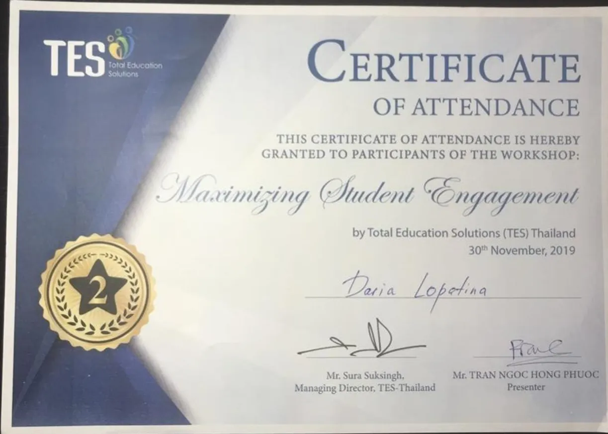 Сертификат участия в семинаре Maximizing student engagement TES