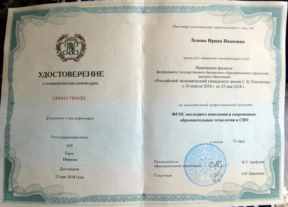 Удостоверение о повышении квалификации