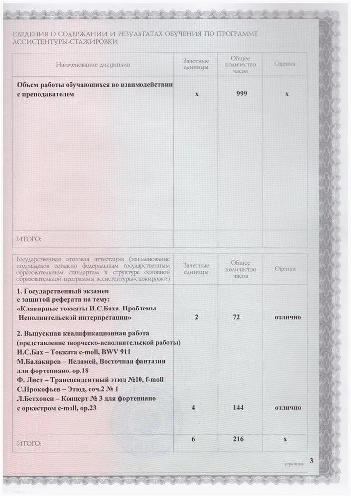 Приложение к диплому с отличием об окончании аспирантуры (ассистентуры-стажировки) (3) Московской Государственной Консерватории им. П.И. Чайковского (2019 г.)