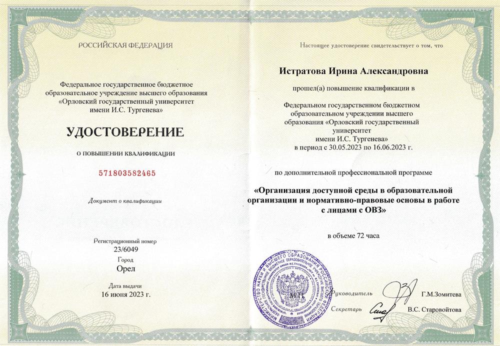 Удостоверение о повышении квалификации 2023. ФГБОУ ВО "ОГУ им. И.С. Тургенева". Программа "Организация доступной среды в образовательной организации и нормативно-правовые основы в работе с лицами ОВЗ".