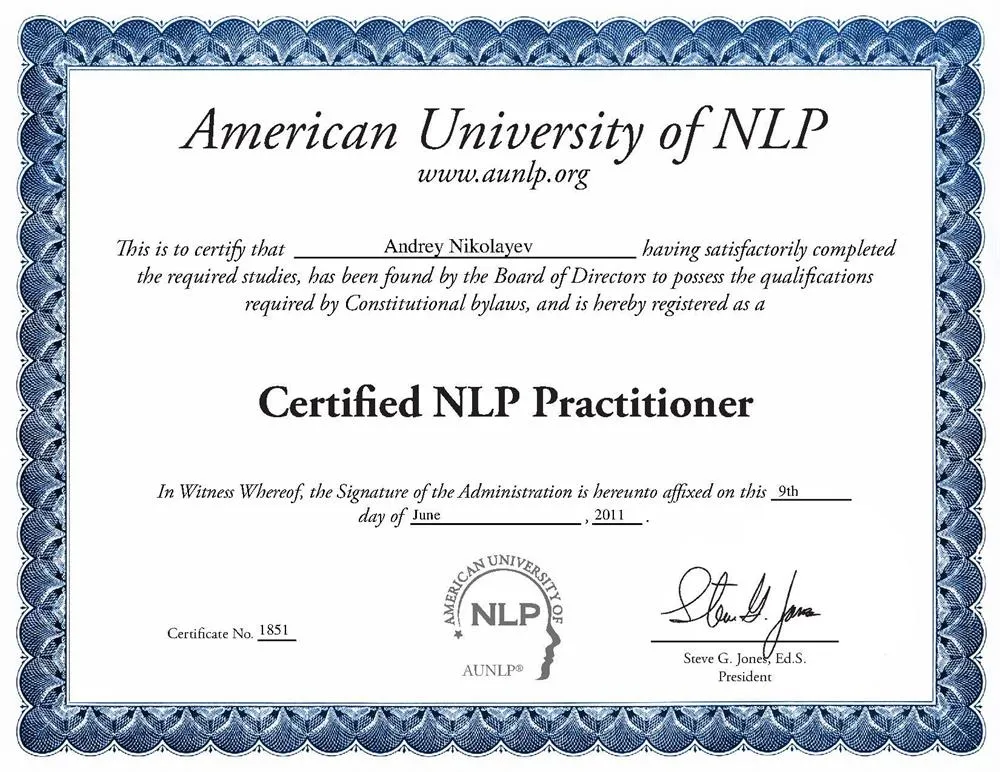 Certified NLP Practitioner (American University of NLP, США) 