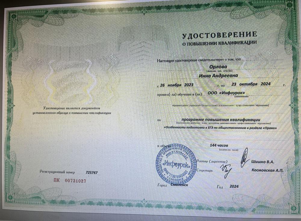 Удостоверение о повышении квалификации 