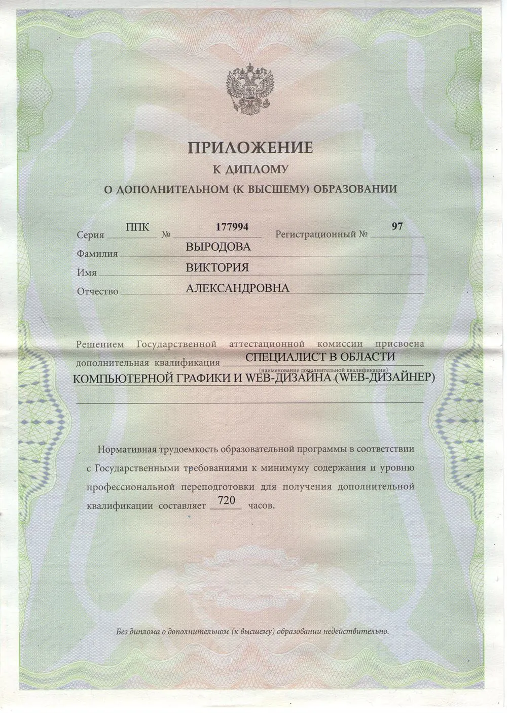 Диплом о дополнительном (к высшему) образованию