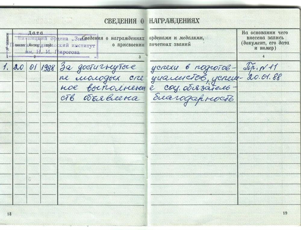 Благодарность в трудовой книжке
