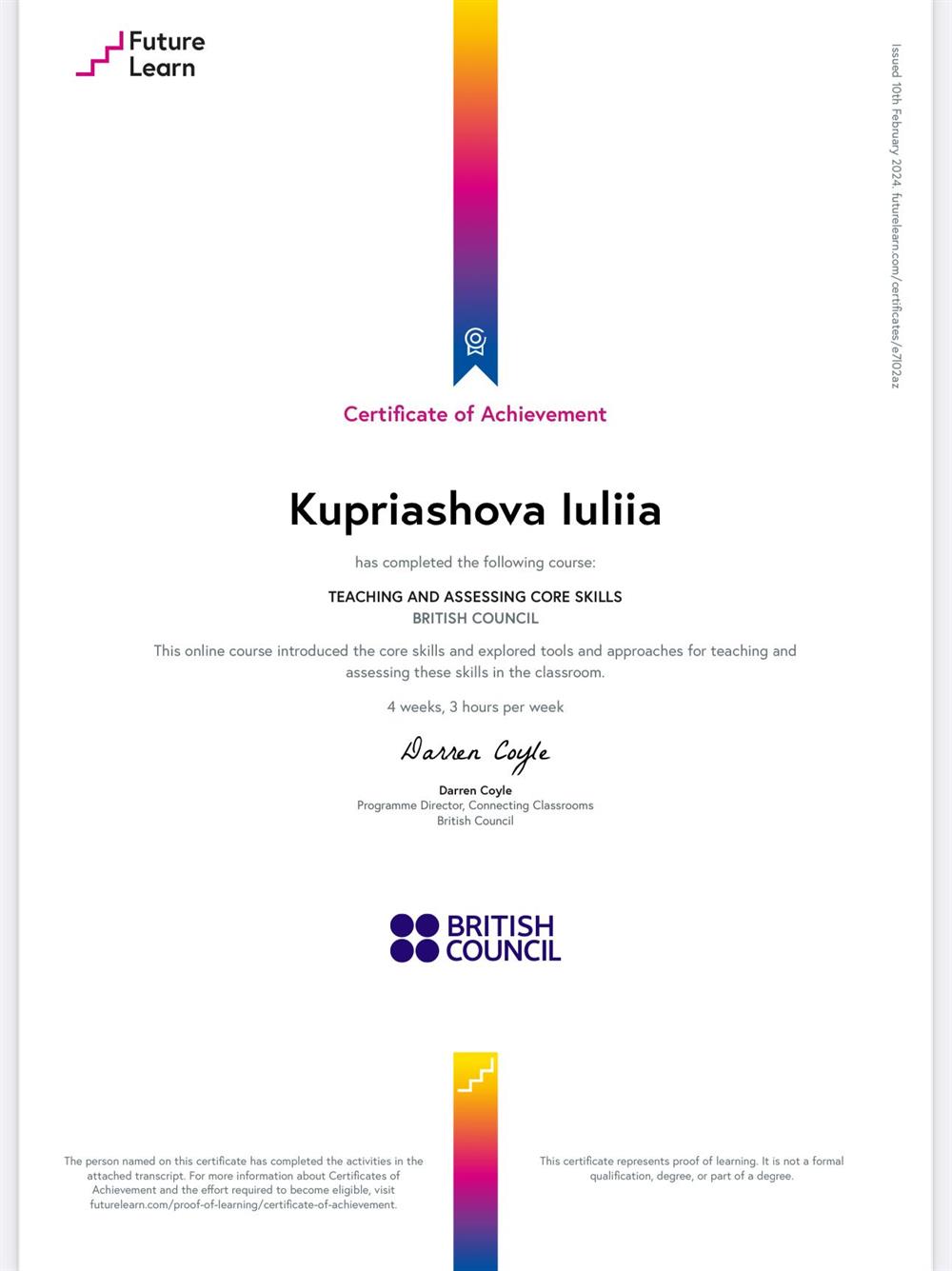 Сертификат. TEACHING AND ASSESSING CORE SKILLS BRITISH COUNCIL