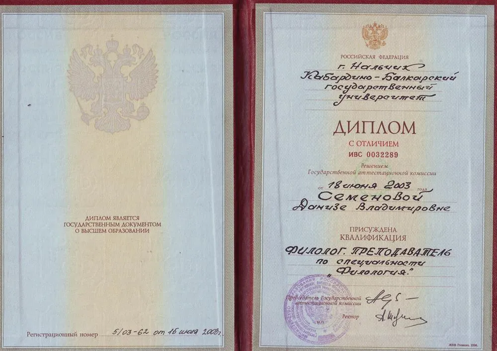 Диплом о высшем образовании (Институт филологии/Филолог, преподаватель английского языка)