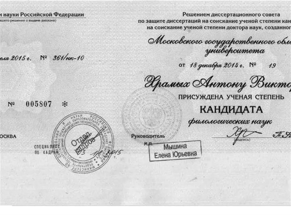 Диплом кандидата филологических наук