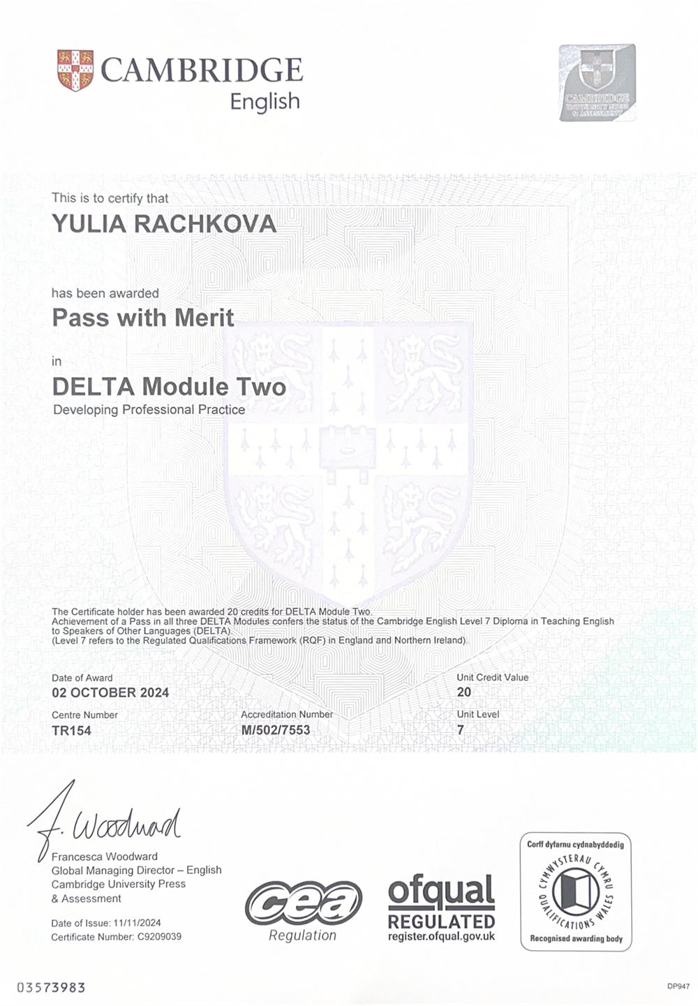 Сертификат. Delta Module 2 (Pass with Merit)