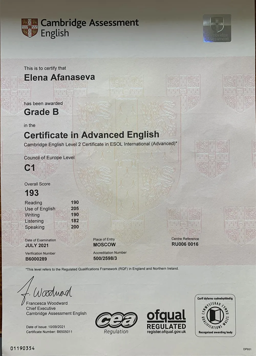 Certificate in Advanced English, 2021 г. 