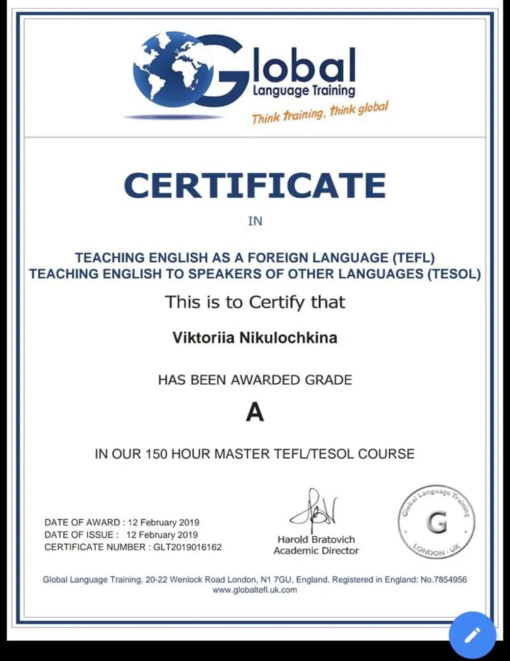 Master TEFL/TESOL course. Global Language Training Ltd. London, England