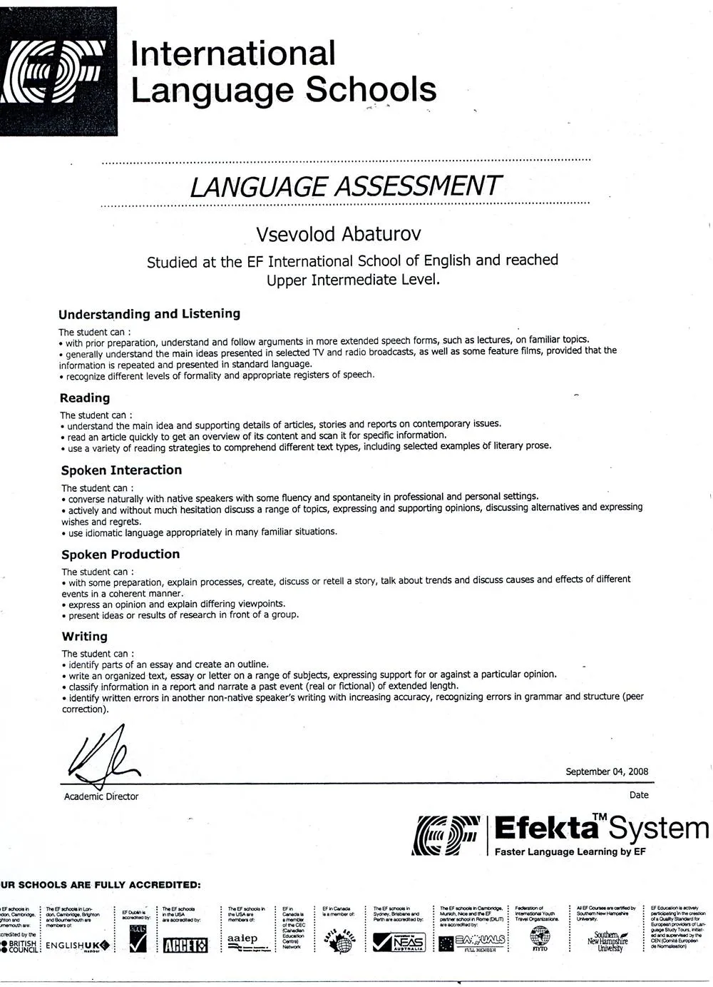 Сертификат: EF Education. Upper Intermediate level