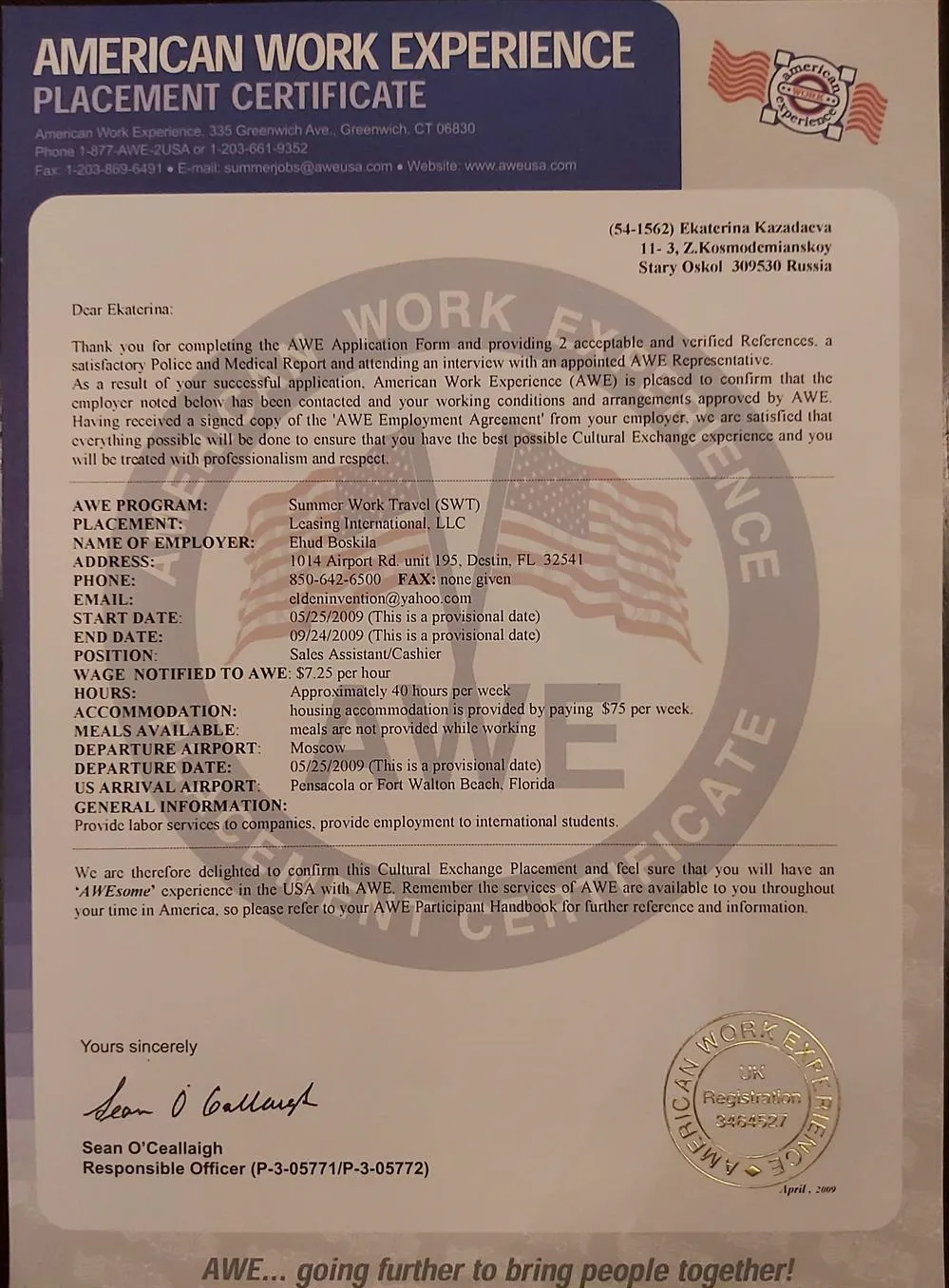 Work and Travel Certificate 