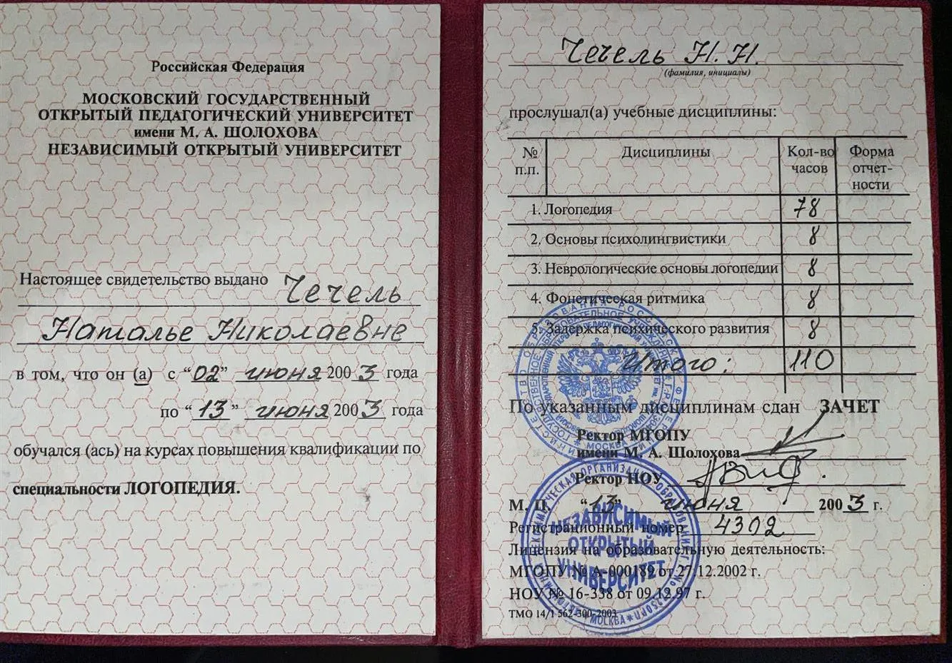 Свидетельство о курсах повышения квалификации по специальности логопедия