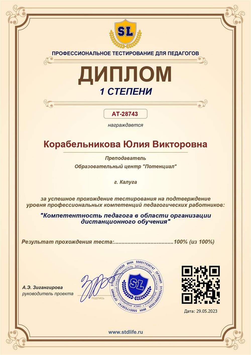 Диплом 1 степени за успешное прохождение тестирования на подтверждение уровня профессиональных компетенций