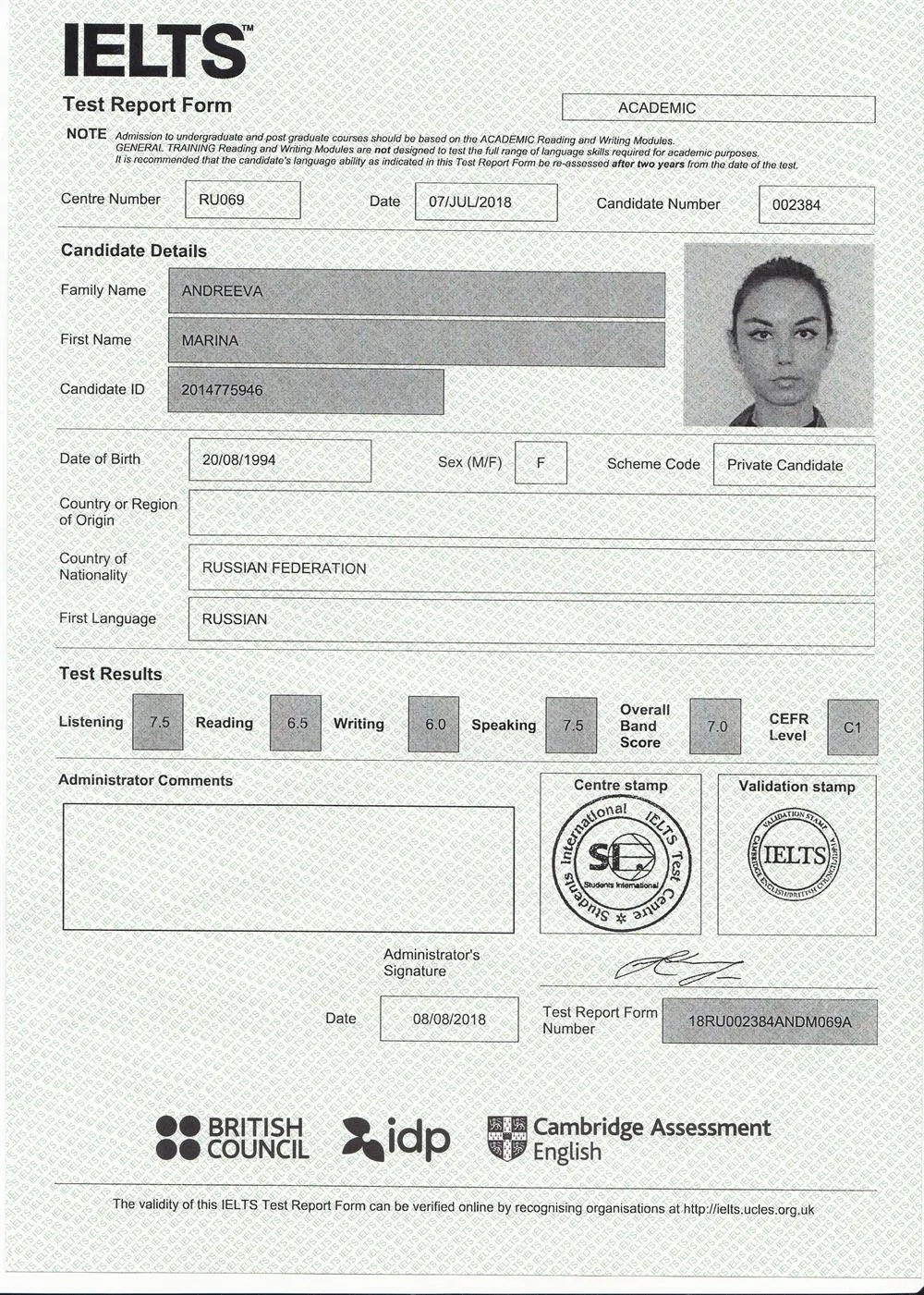 Сертификат IELTS Academic