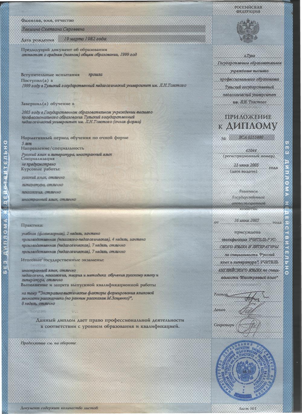Приложение к диплому с оценками