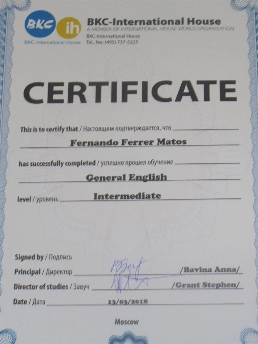 BKC Internantional House, CERTIFICATE General English  Level Intermediate B1
