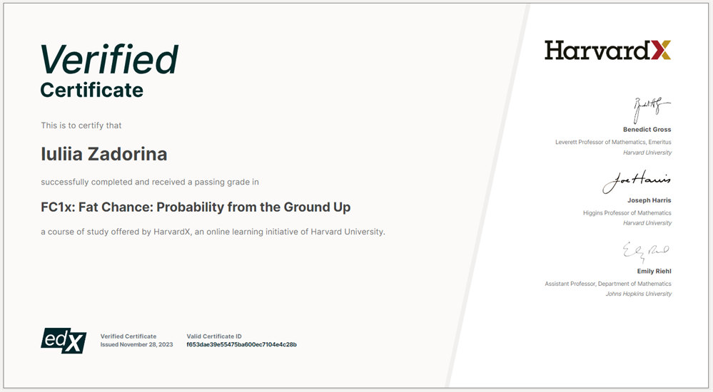 Сертификат. Harvard University FC1x: Fat Chance: Probability from the Ground Up