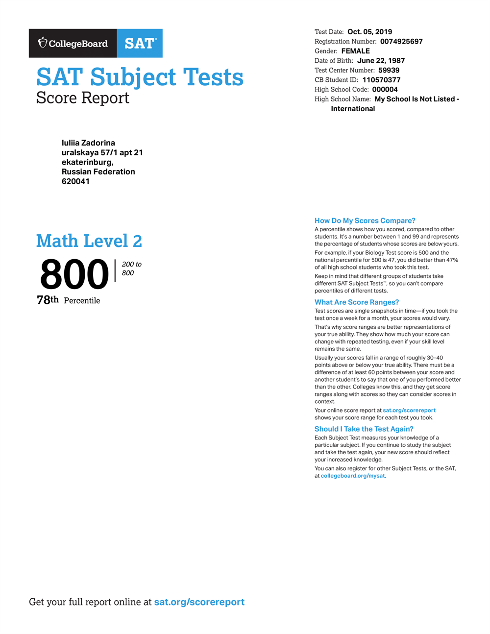 Результат тестирования. SAT Mathematics level 2 (score 800)