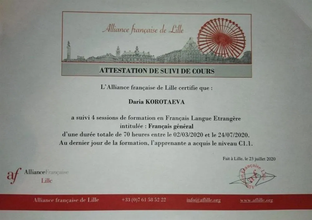 Attestation de cours de FLE C1