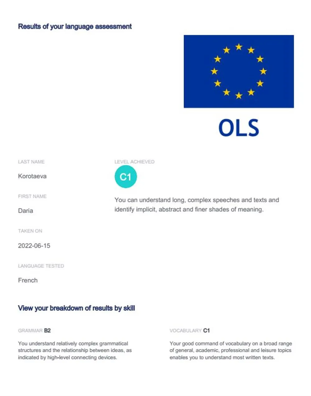 Resultats d'examen Erasmus OLS C1-C2