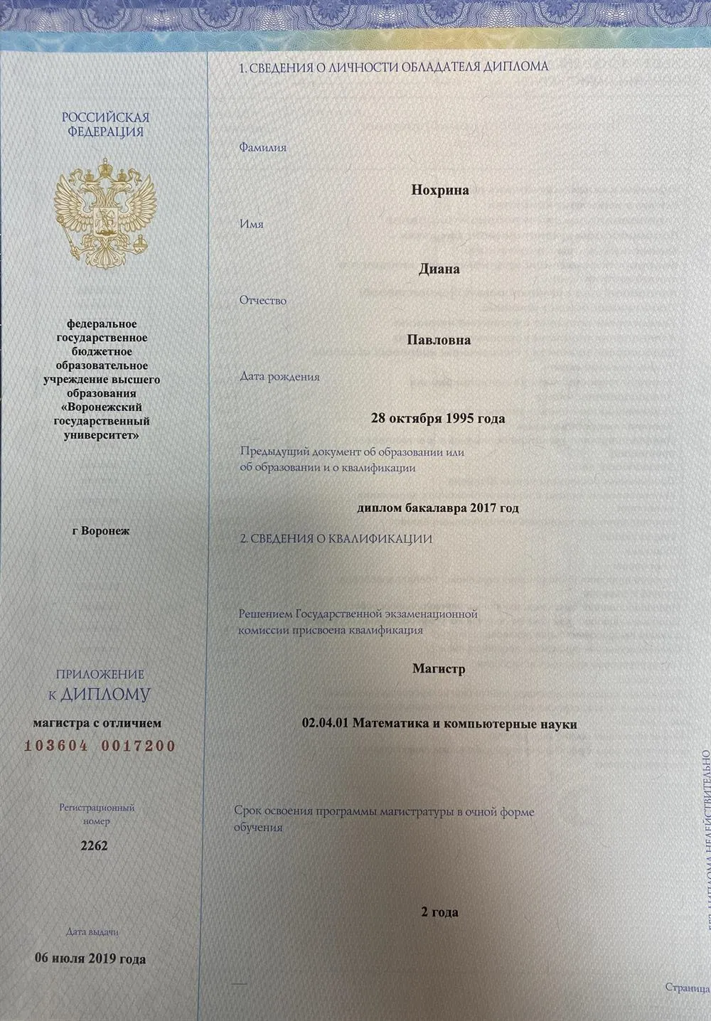 Красный диплом магистра математических наук