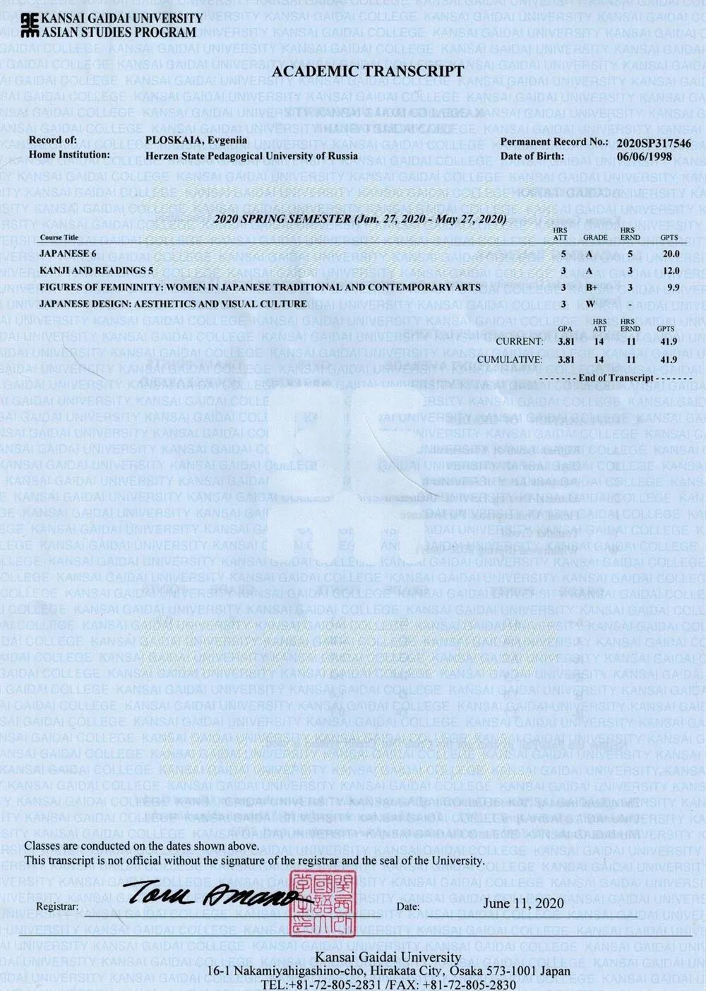 Academic Transcript (итоги обучения в Университете Кансай Гайдай, г. Хираката, Осака, Япония)