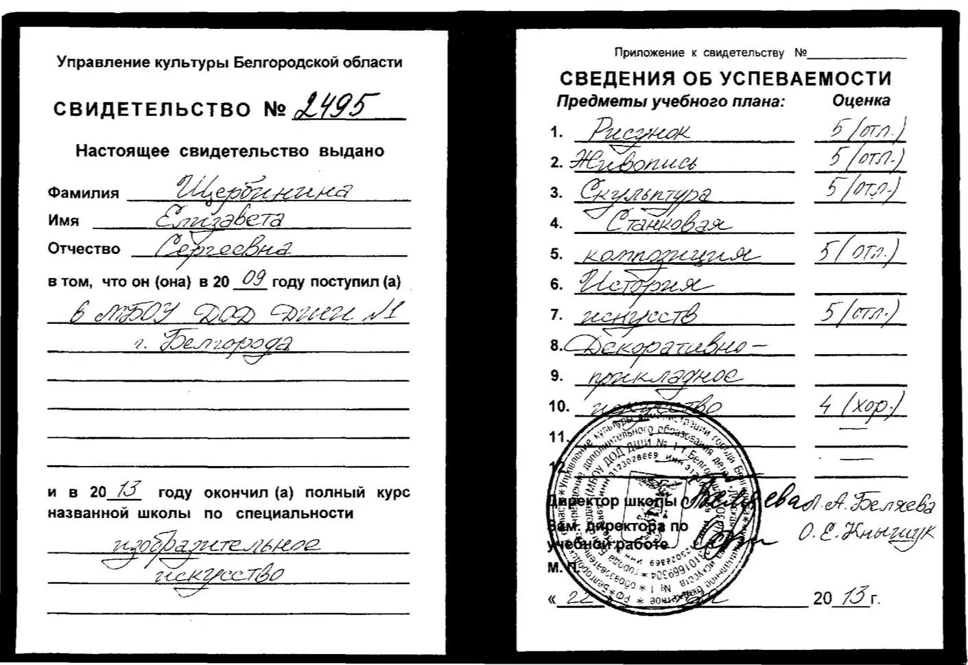 Свидетельство о прохождении курса по специальности "Изобразительное искусство" 