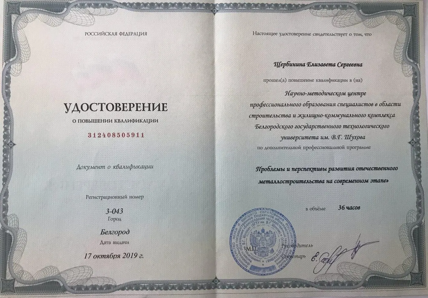 Удостоверение о повышении квалификации "Проблемы и перспективы развития отечественного металлостроительства на современном этапе"