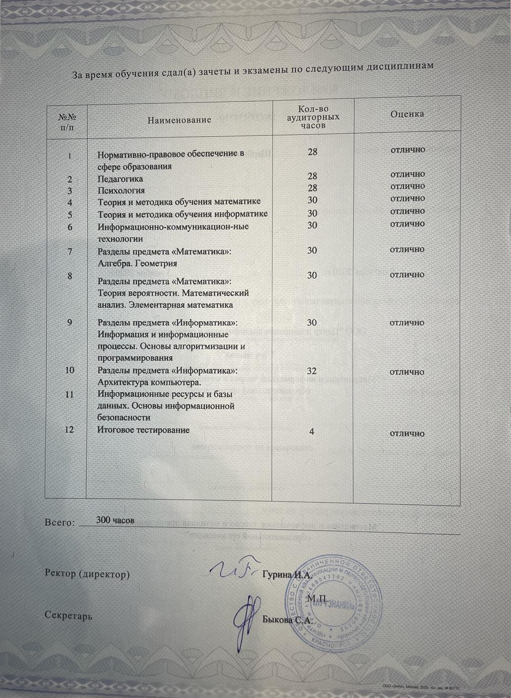 Приложение к диплому о профессиональной переподготовке стр. 2
