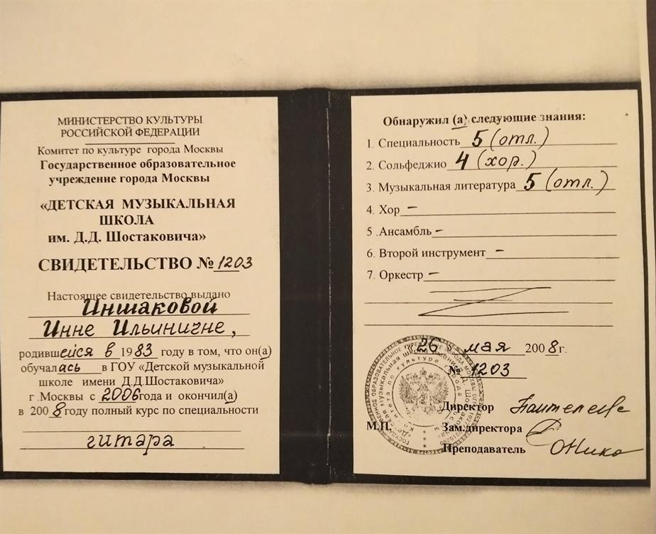 Свидетельство об окончании музыкальной школы